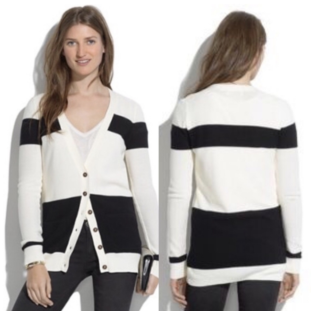 MADEWELL Inlet Cardigan Sweater navy blue White Stripe Button Down  Nautical